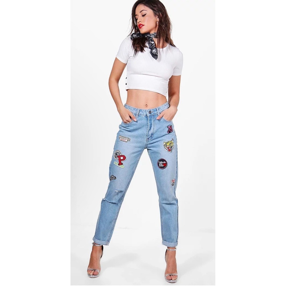 Boo Hoo Denim Jeans women US 4 Patches Ripped Boyfriend Streetwear Casual Travel